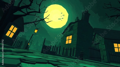 Halloween night village street scene under full moon