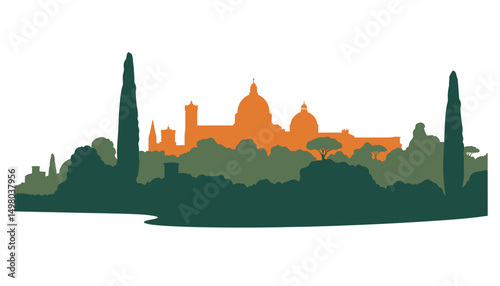 Silhouette of Rome skyline with cypress trees in green and orange  