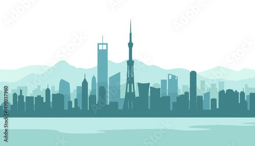 Silhouette of Shanghai skyline with misty mountains in blue tones  