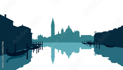 Silhouette of Venice with water reflections and gondolas at dusk  