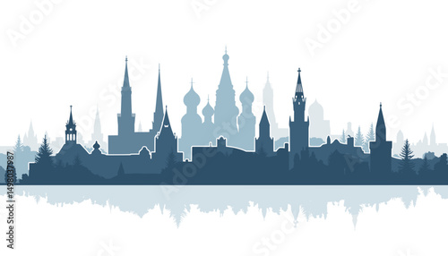 Silhouette of Moscow with snow-covered pines against white background  