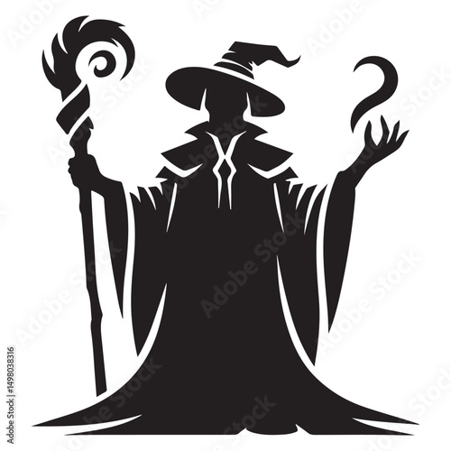 Mysterious Silhouette Illustration of a Wizard Holding a Staff