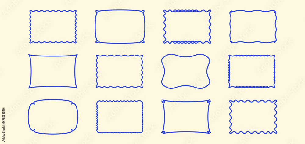 Wavy frame, scallop rectangle, squiggle edge shape box line icon, curve simple form editable stroke. Wiggle retro banner, postal stamp outline design, blue italian amalfi collage. Vector illustration