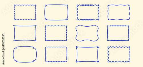 Wavy frame, scallop rectangle, squiggle edge shape box line icon, curve simple form editable stroke. Wiggle retro banner, postal stamp outline design, blue italian amalfi collage. Vector illustration