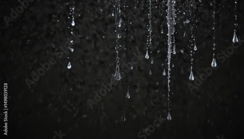 Crisp water droplets falling, creating blurred streaks of motion; intense black background ,  liquid,  droplet,  splash