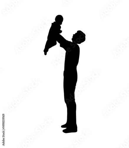 Dad with his baby boy on a walk shadow shape silhouette isolated on white background.
