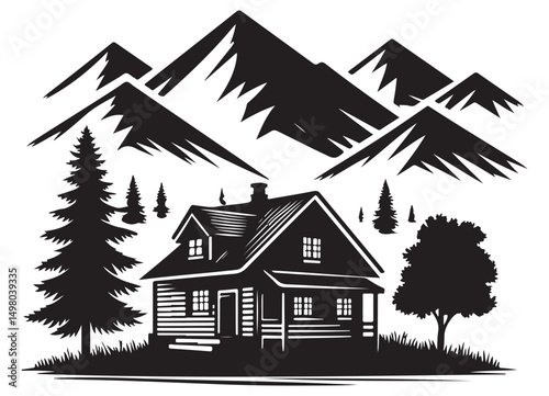 Mountain cabin silhouette retreat nature scenic landscape illustration