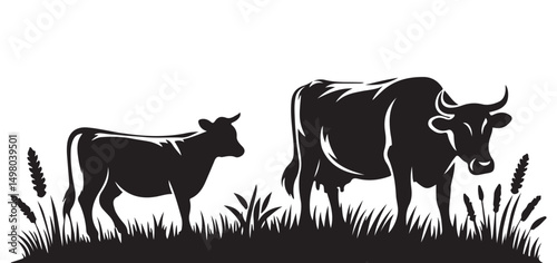 Mother cow and calf silhouette vector illustration farm animals