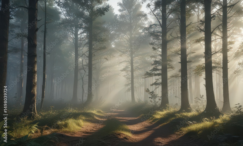 Obraz premium Sunbeams pierce misty forest, creating a magical, bright panorama , outdoor, morning, environment