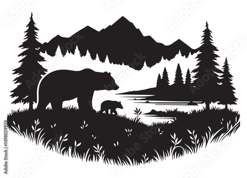 Silhouette of Bear Family in Forest Graphic for Wilderness Enthusiasts