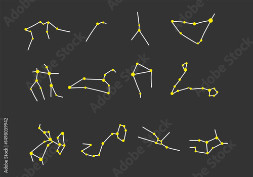 Doodle hand drawn zodiacal constellation icon set.