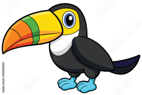 Cartoon Toucan with Striking Orange, Green, and Yellow Beak Leaning Leftward