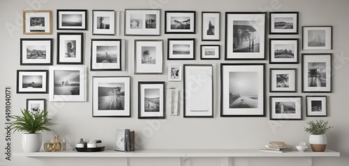 Blank photo frame gallery wall template, diverse styles & sizes on white,  mockup template,  interior,  vintage