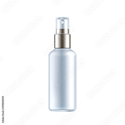 A sleek, rectangular, frosted-glass bottle with a silver spray pump top, isolated on a transparent background.  The bottle is mostly opaque white with subtle pearly highlights