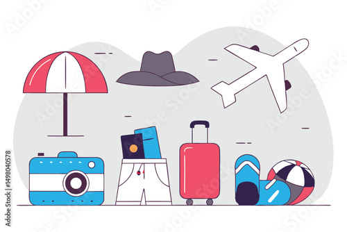 Colorful vector illustration depicting travel and vacation icons against a subtle gray background
