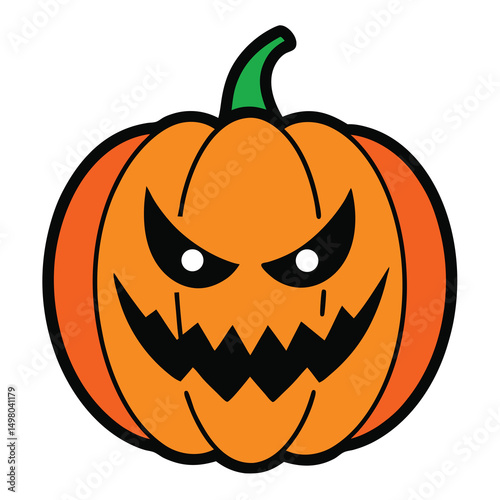 Spooky halloween pumpkin jack o lantern illustration with a menacing grin and glowing eyes