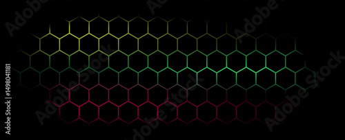 Dark hexagon abstract technology background with blue and green colored bright flashes under hexagon. Hexagonal gaming vector tech illustration black abstract background. vector