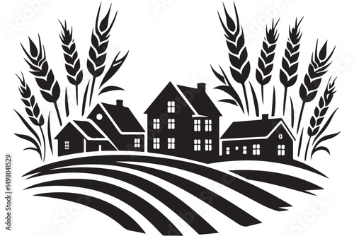Farmhouse Vector Illustration Rustic Countryside Scene with Wheat Fields
