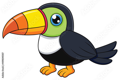 Cartoon Toucan with Big Beak and Cute Eyes Standing Sideways View