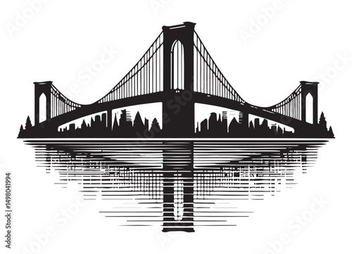 Brooklyn Bridge Cityscape Silhouette Reflection Vector Art Illustration