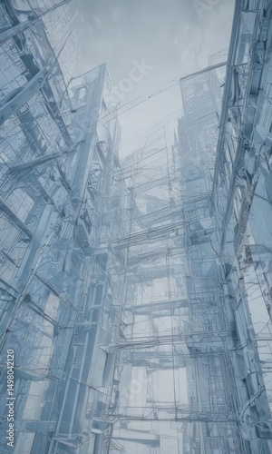 Abstract architectural blueprint with faded blue photo effect, geometric shapes,  technical,  texture,  image