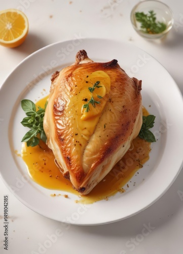 Crispy roasted chicken breast, glistening, citrus glaze on white plate,  closeup,  orange,  zesty