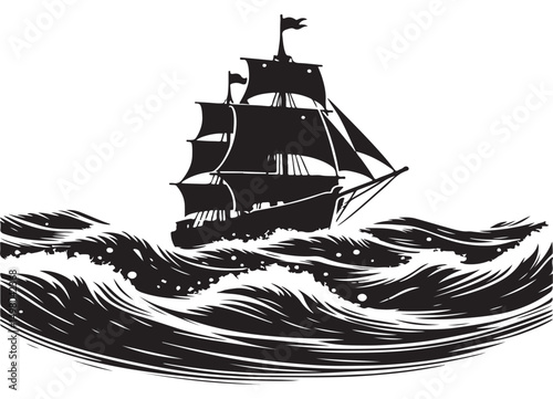 Majestic Sailing Ship Silhouette on Wavy Ocean Vector Illustration