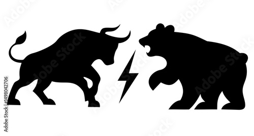 Bull vs bear stock exchange fight silhouette with lightning symbol