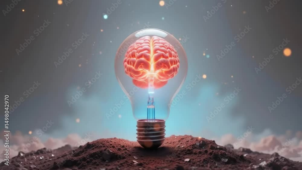 Glowing brain inside lightbulb nature concept innovative ideas bright mind