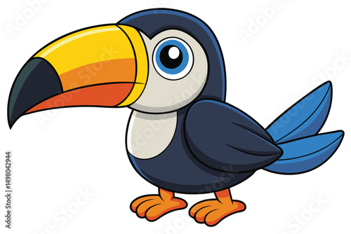 Cartoon Toucan with Yellow Beak and Blue Tail Feathers Standing Sideways