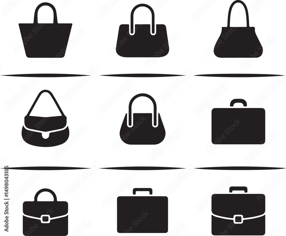 A minimalist black silhouette icon set featuring distinct handbag vector on white background