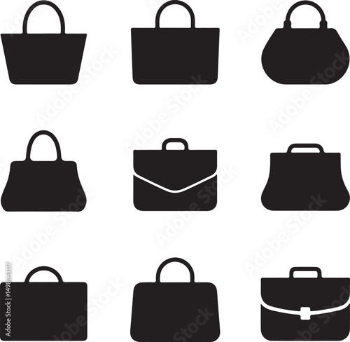 A minimalist black silhouette icon set featuring distinct handbag vector on white background