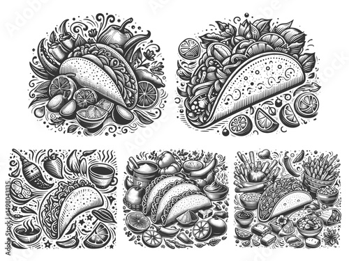 Taco Set collection bundle sketch engraving generative ai vector illustration. Scratch board imitation. Black and white image.