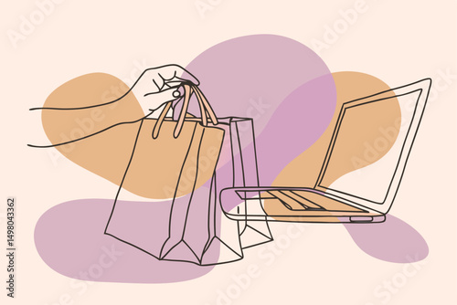 Online shopping concept with shopping bags and laptop drawn with minimalist line art