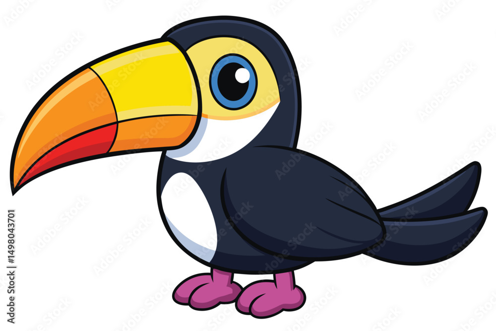Cartoon Toucan with Big Yellow and Orange Beak Standing Isolated on White