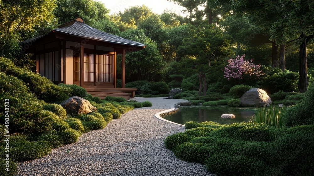 Fototapeta premium Japanese garden with pond and tea house