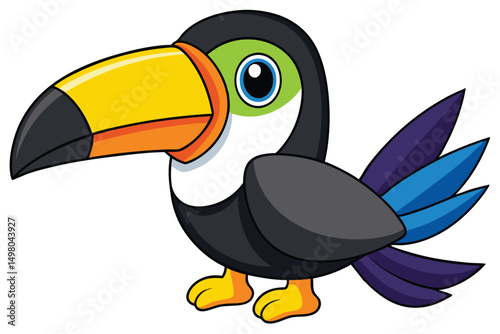 Cartoon Toucan Bird with Big Beak, Green Eye Area, and Colorful Feathers