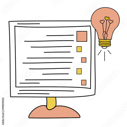 Cute hand-drawn illustration of a computer screen with a glowing light bulb, symbolizing digital productivity and creative thinking. On white background.