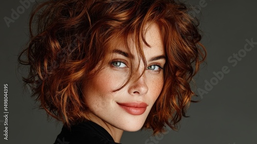 Confident model showcases trendy auburn curly bob hairstyle with a playful smile