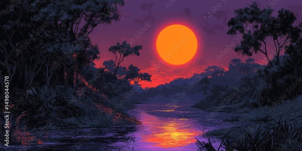 Fototapeta premium Lush jungle landscape at vibrant sunset