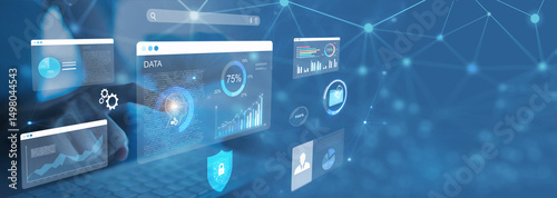 woman analyst uses a computer AI artificial intelligence and dashboard for data business analysis and Data Management System with KPI and metrics connected to the database for technology finance,