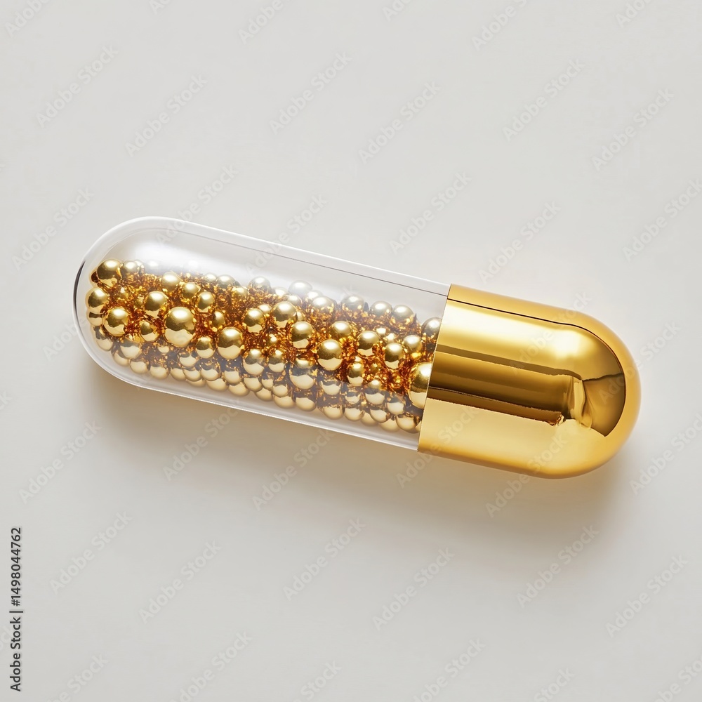 Naklejka premium Golden capsule filled with gold beads on white background