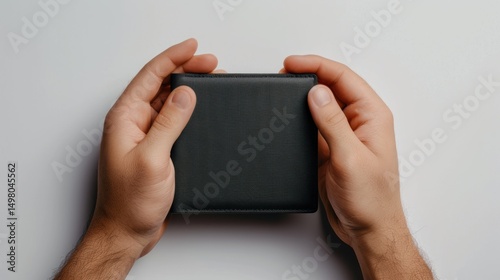 Hands holding black wallet on white background