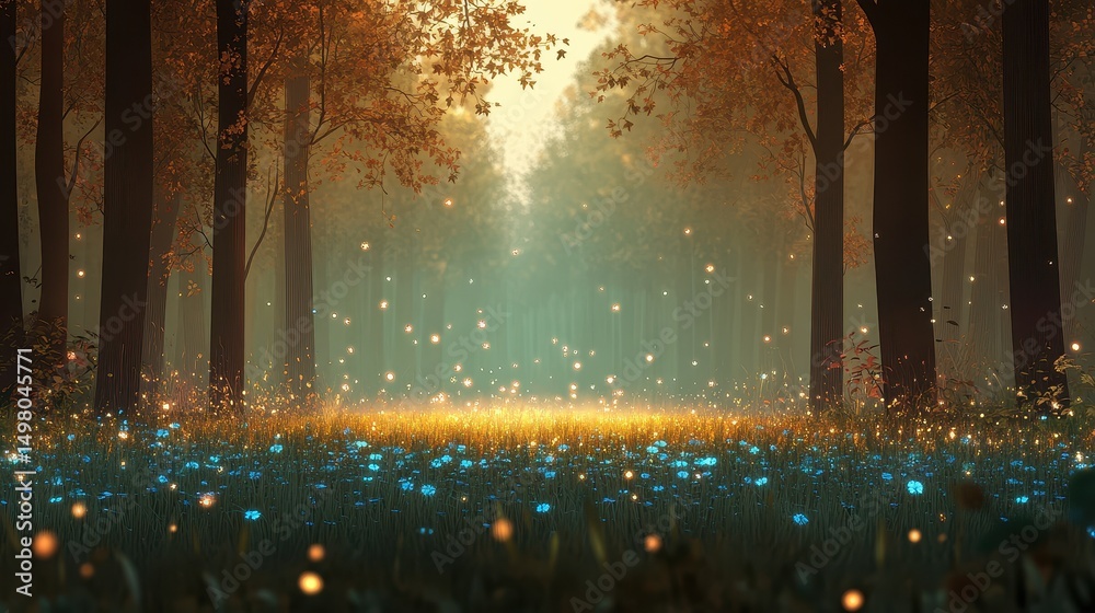 Naklejka premium Enchanted autumn forest with blue flowers