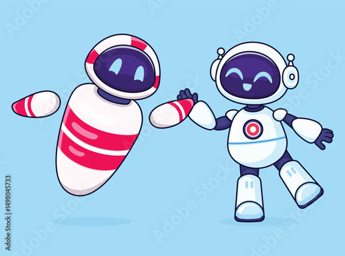 Two cute robots high five each other. Vector cartoon illustration