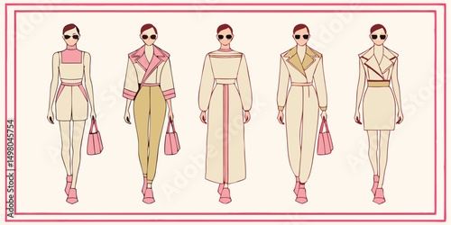 Fashion illustration featuring models walking on a runway in stylish designer outfits