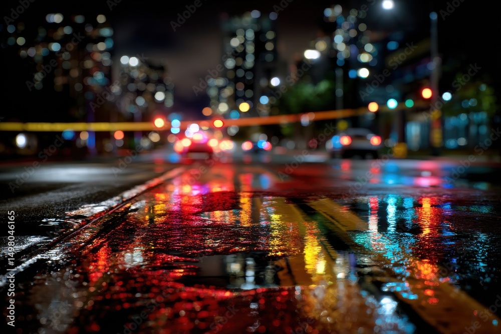 Obraz premium Vibrant cityscape at night, illuminated urban streets reflecting colorful lights on wet pavement, dynamic and modern atmosphere.