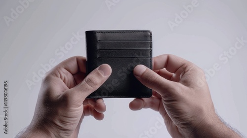 Hands holding a dark gray leather wallet against a neutral background