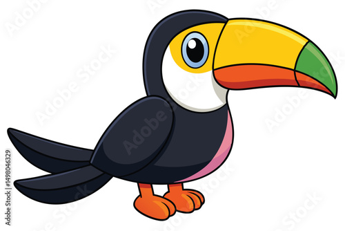 Cartoon Toucan Standing Black Plumage, Yellow Beak with Orange and Green Tipped End