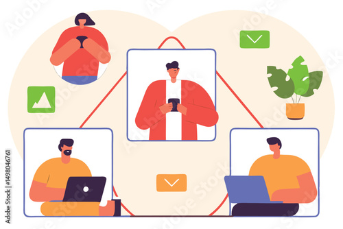 Team connecting online using smartphones and laptops with creative digital illustration